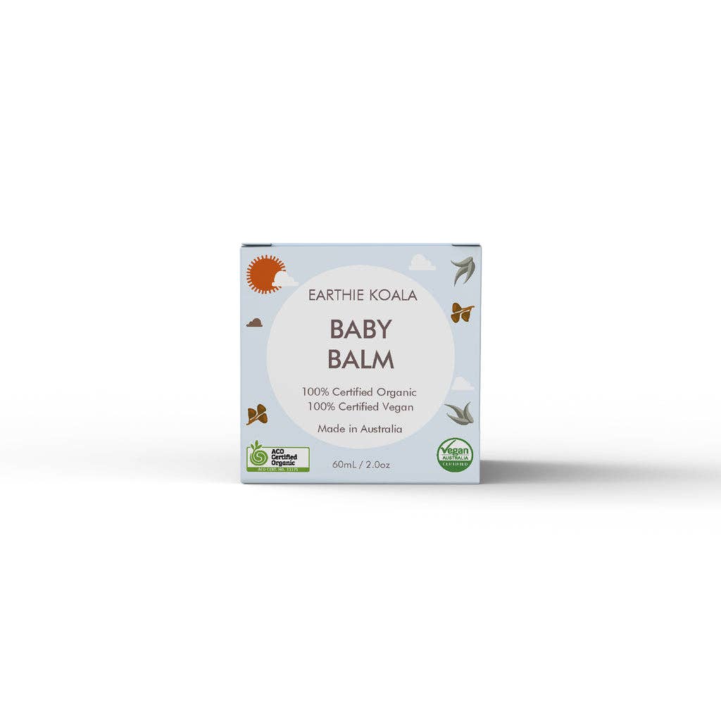 Earthie Koala Baby Balm packaging, 60ml, certified organic and vegan for gentle baby skin care.