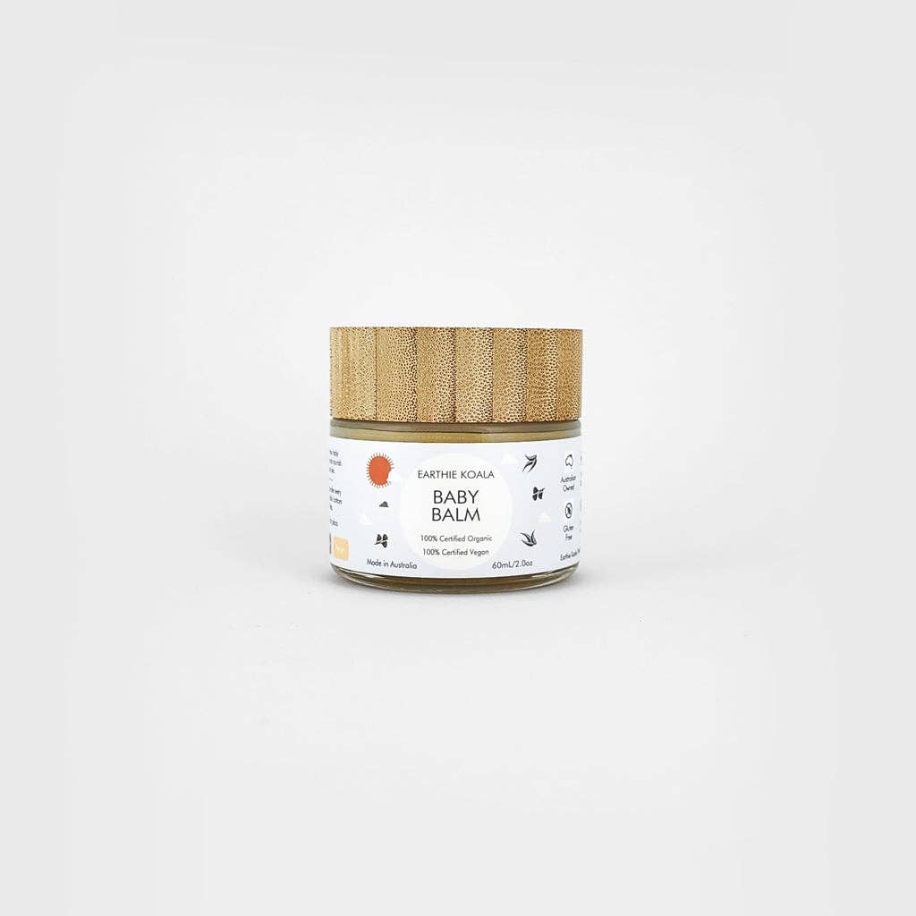Earthie Koala Baby Balm with Lavender and Orange Oil in a eco-friendly jar, 60ml for soothing baby skin.