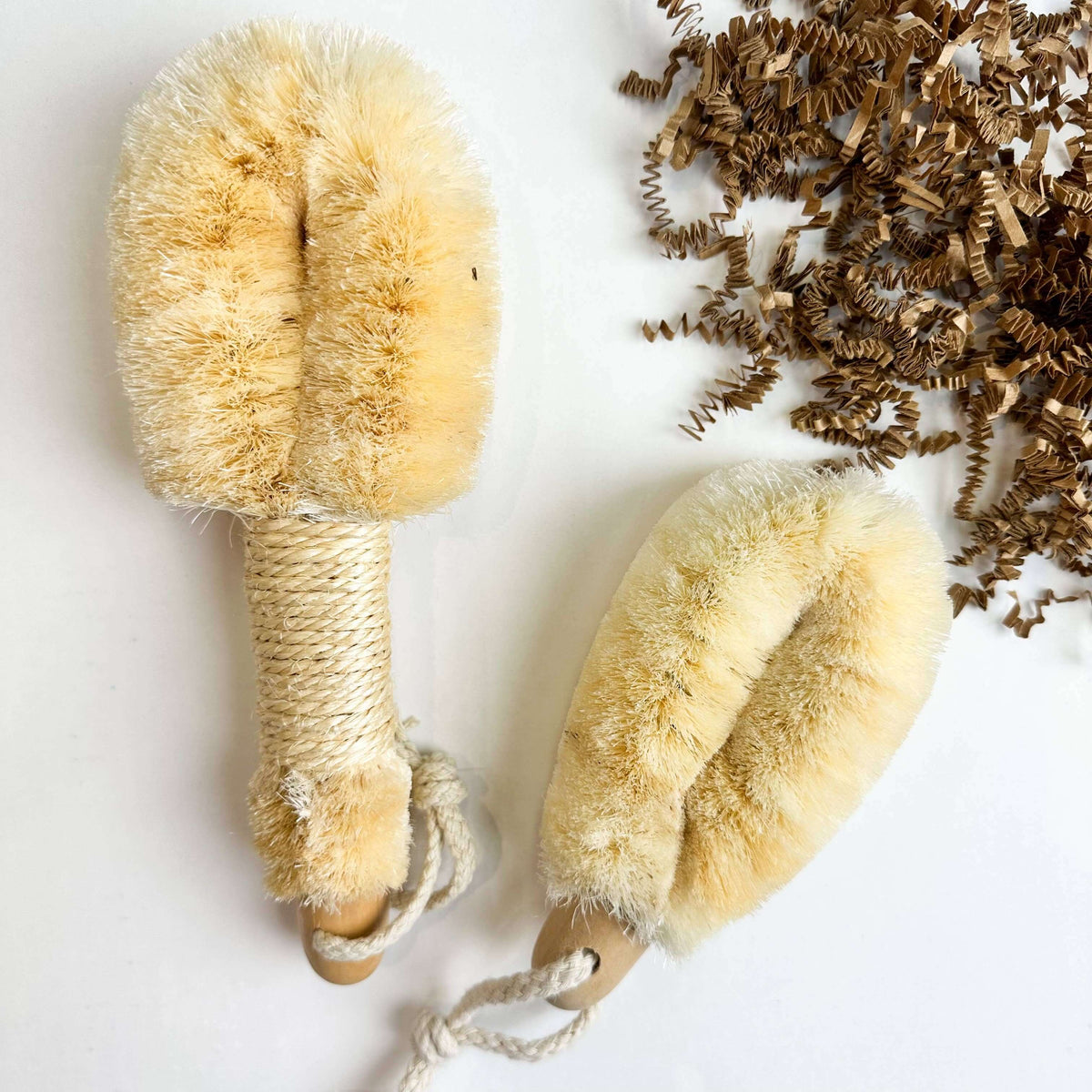 Two natural fiber brushes on a white background with