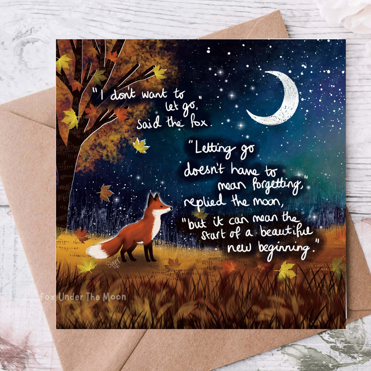 New Beginning - Greeting Card From Fox Under The Moon featuring a fox, moon, and heartfelt message about renewal.