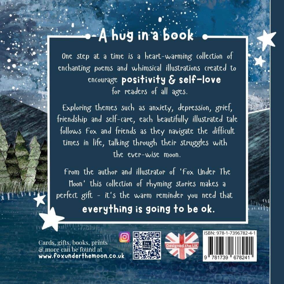 Book cover with text and illustrations of a fox and moon on a blue background