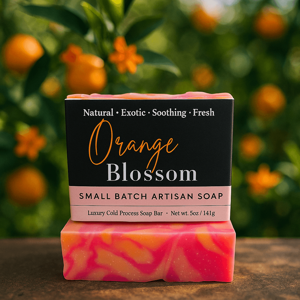 Orange Blossom Soap Bar - Soap Boutique, luxury cold process soap with vibrant colors and orange grove background.