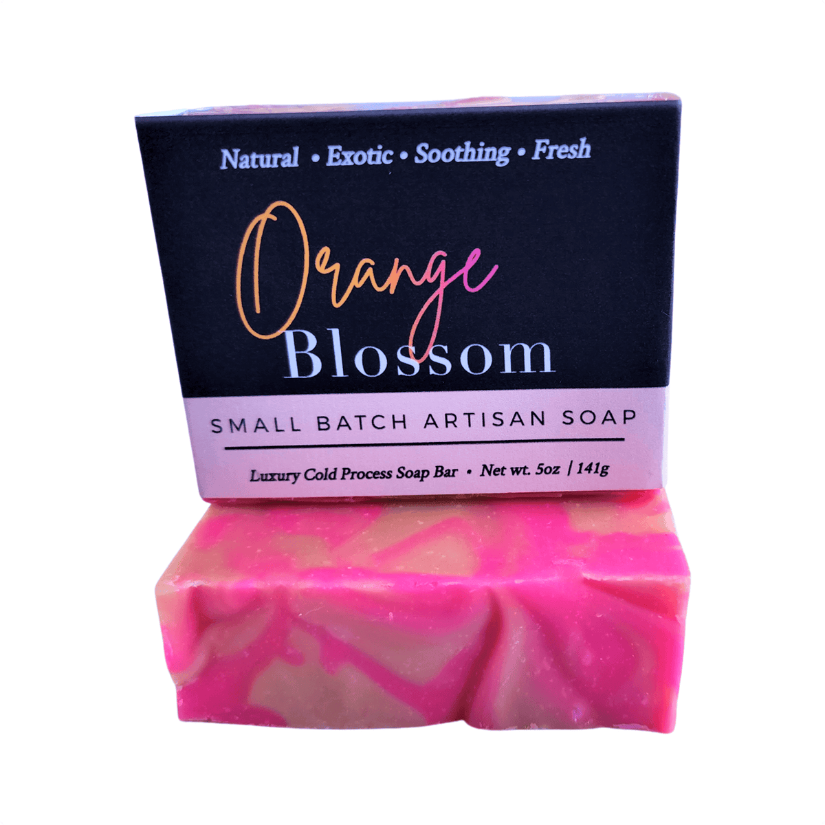 Orange Blossom Soap Bar - Soap Boutique featuring vibrant pink and citrus swirls in a handcrafted soap design.