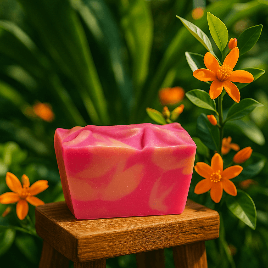 Vibrant Orange Blossom Soap Bar - Soap Boutique resting on a wooden stand surrounded by flowers.