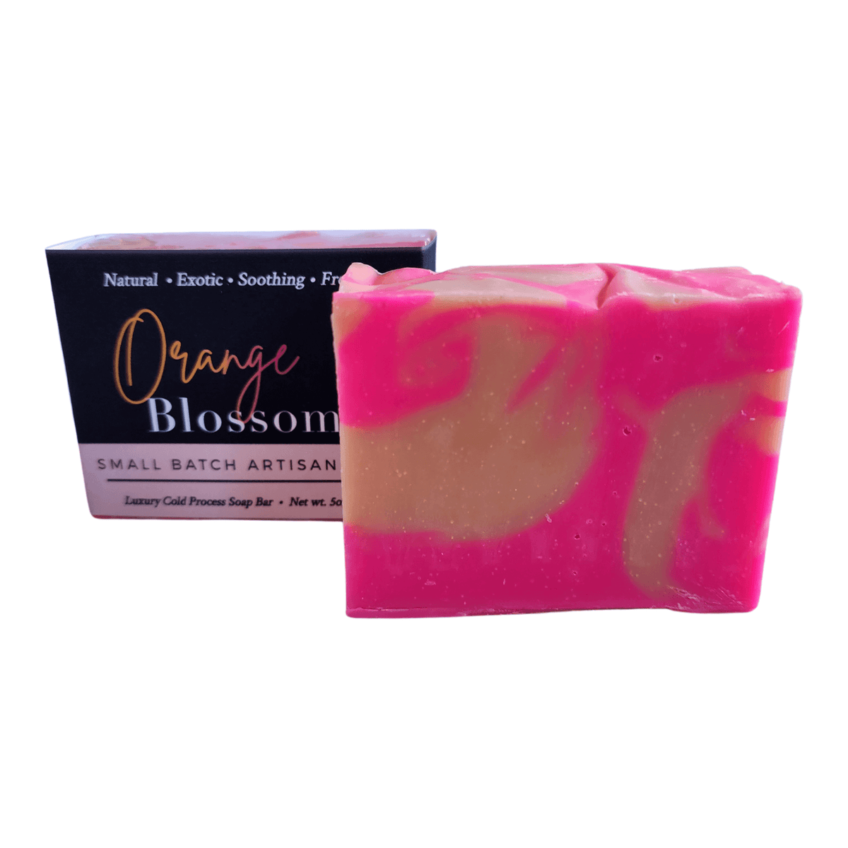 Orange Blossom Soap Bar - Soap Boutique with vibrant pink and citrus swirls, showcasing its floral-orange fragrance.