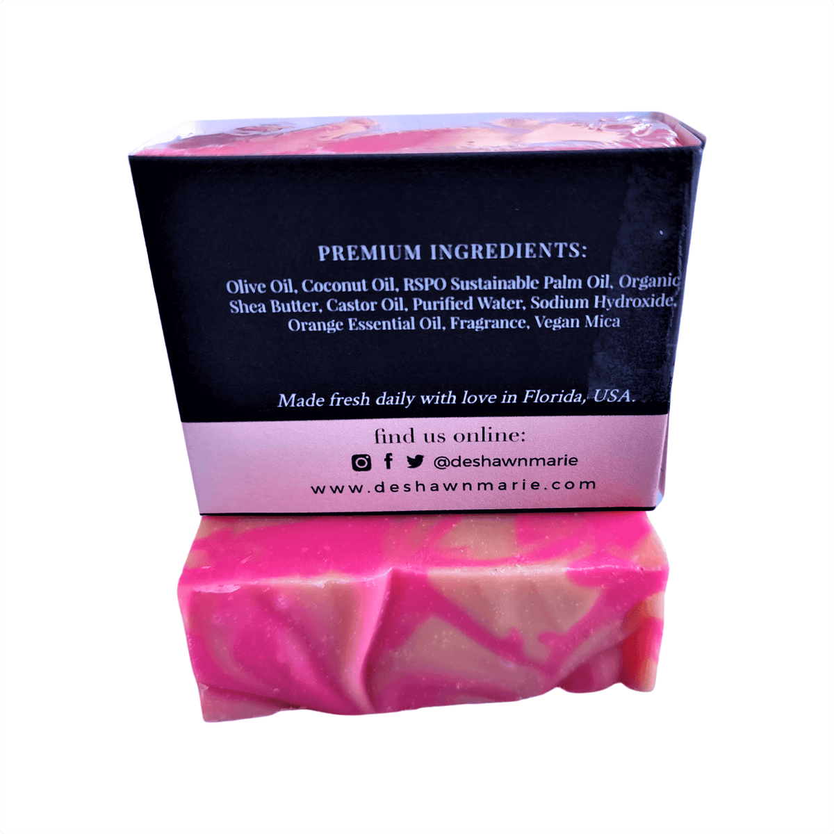 Orange Blossom Soap Bar - Soap Boutique with vibrant pink and citrus swirls, showcasing premium ingredients.