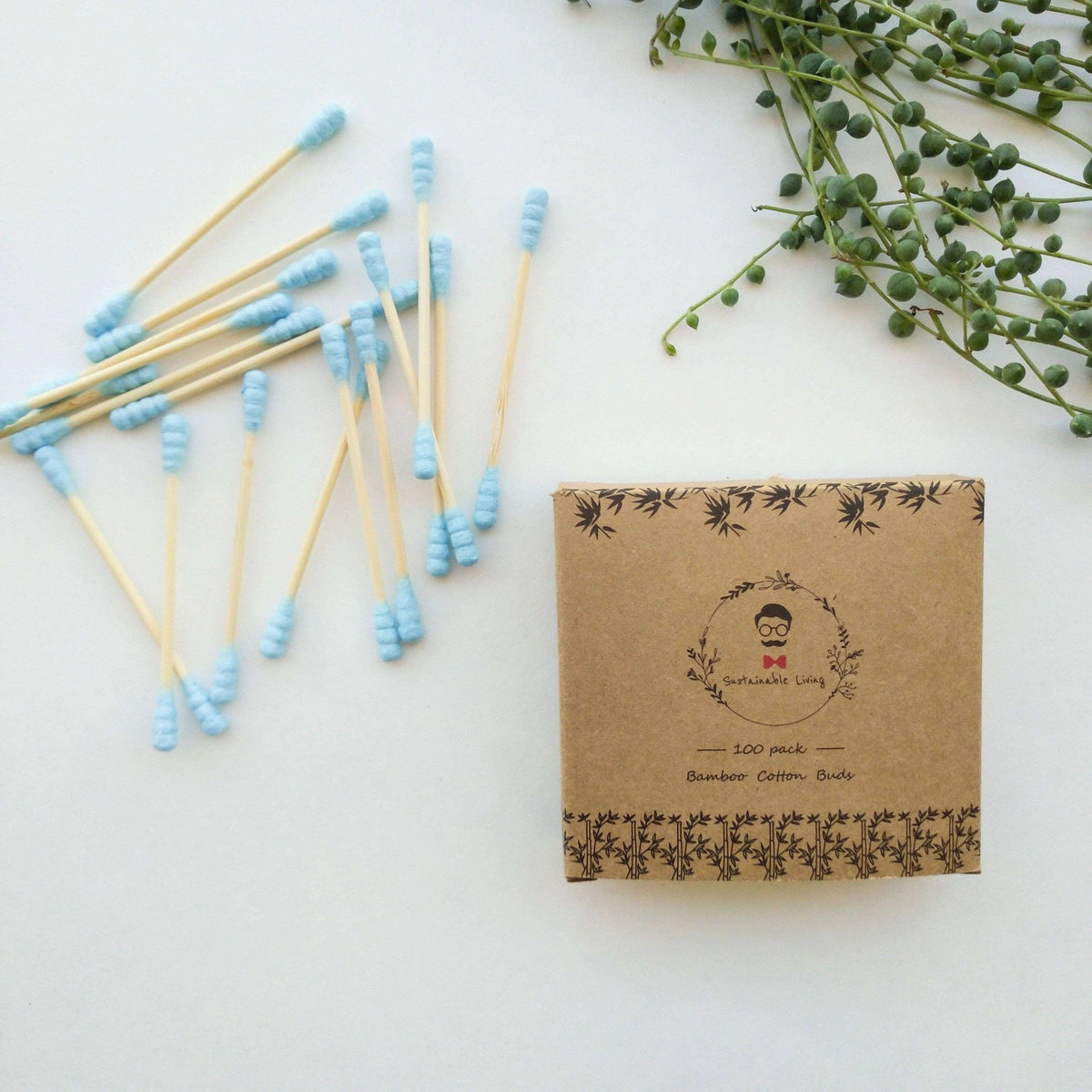 Bamboo cotton buds with a cardboard box on a white background
