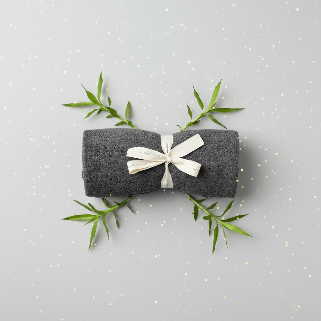 Gray folded fabric with a white ribbon and green leaves on a light gray background