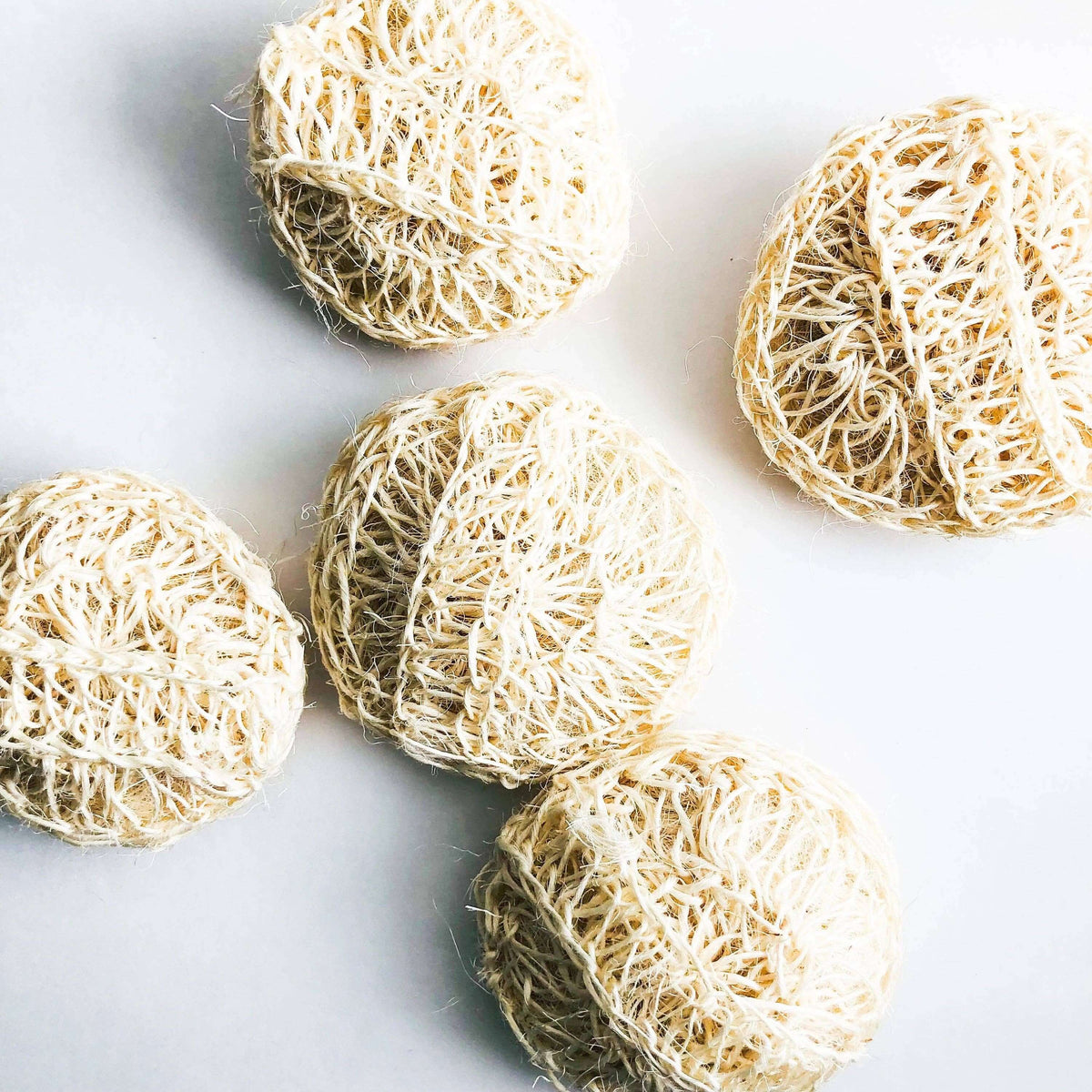 Five natural loofah sponges on a white background
