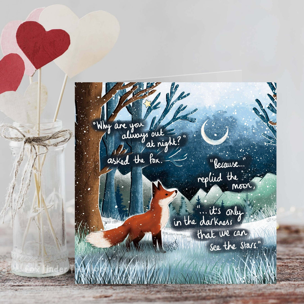 Out At Night Greeting Card featuring a fox and a moonlit scene with uplifting text by Fox Under The Moon.