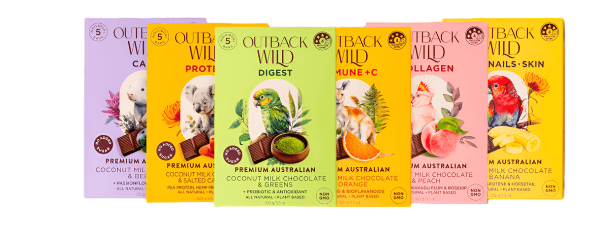 Outback Wild Wellness Chocolates - Simple Australia product range showcasing various flavors and benefits.