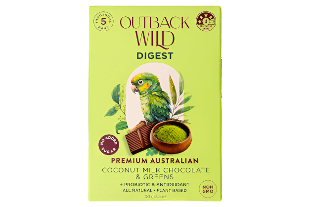 Outback Wild Wellness Chocolates - Simple Australia package featuring coconut milk chocolate and greens.