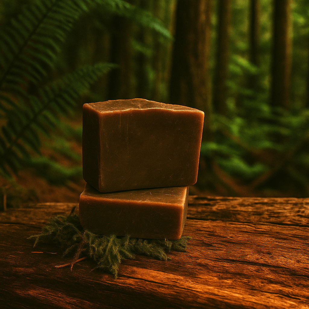 Pacific Forest Soap Bar - Soap Boutique stacked on a moss-covered log in a serene forest setting.