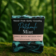 Patchouli Mint Soap Bar - Soap Boutique, handcrafted, small batch artisan soap with earthy colors against a natural background.