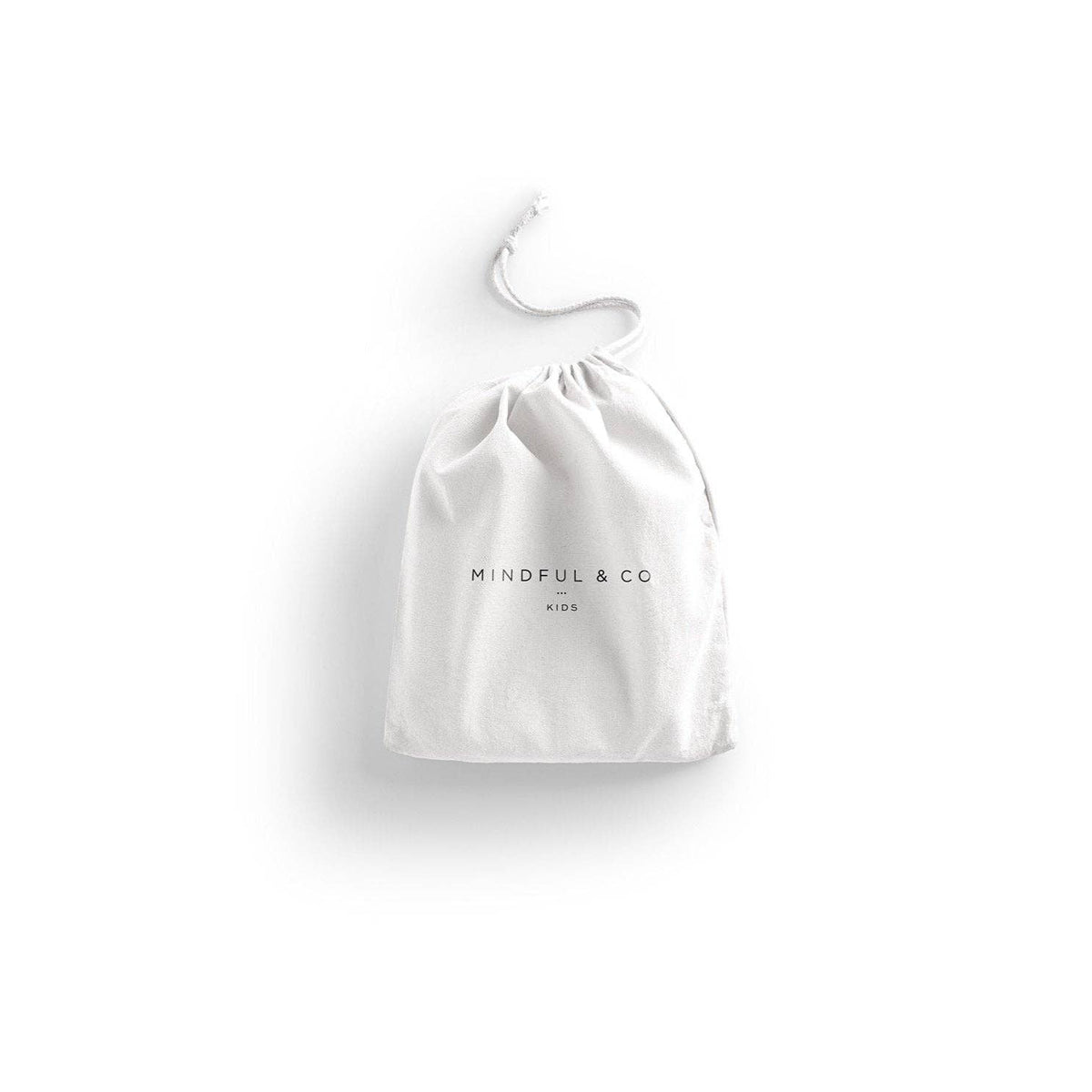 White drawstring bag with 'MINDFUL & CO' branding on a white background