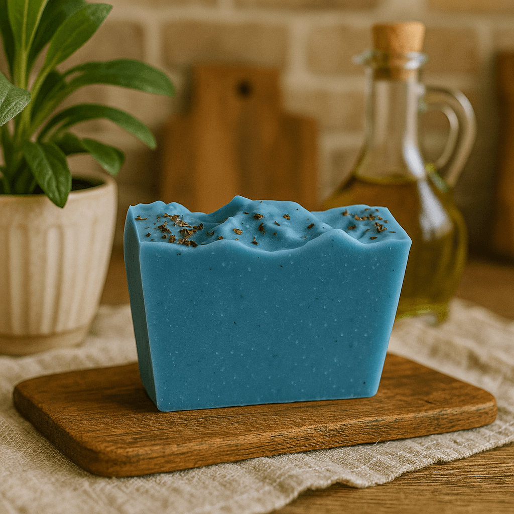 Peppermint Tea Tree Soap Bar - Soap Boutique, handcrafted blue soap on a wooden tray with olive oil and plant in background.