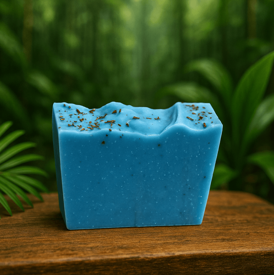 Peppermint Tea Tree Soap Bar - Soap Boutique displayed on a wooden surface with lush green background.