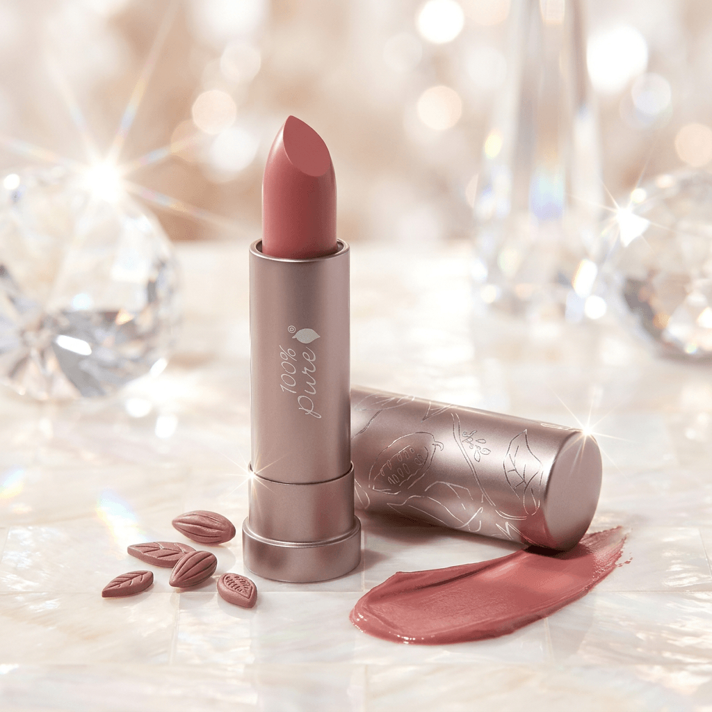 Pink lipstick with a blurred decorative background
