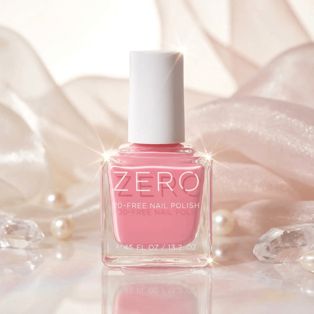 Pink nail polish bottle labeled 'ZERO' on a soft, blurred background with crystals.