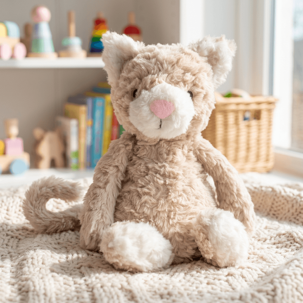 Plush cat toy on a soft surface with toys and books in the background