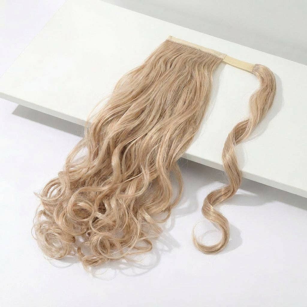 Ponytail hair extension with soft curls in buttery blonde, perfect for elegant hairstyles and special occasions.