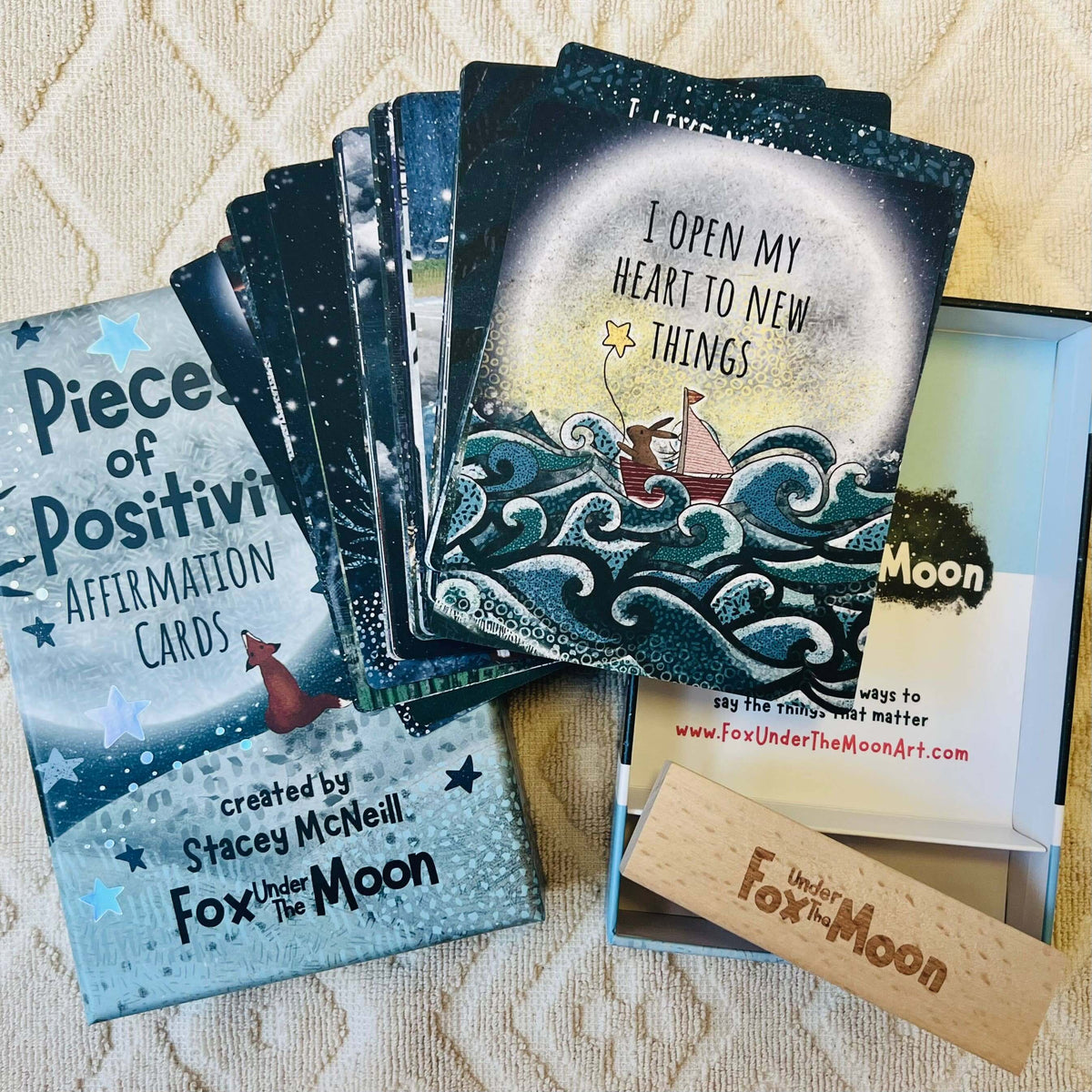 Positive Affirmation Cards by Fox Under The Moon, encouraging messages and artwork on display.
