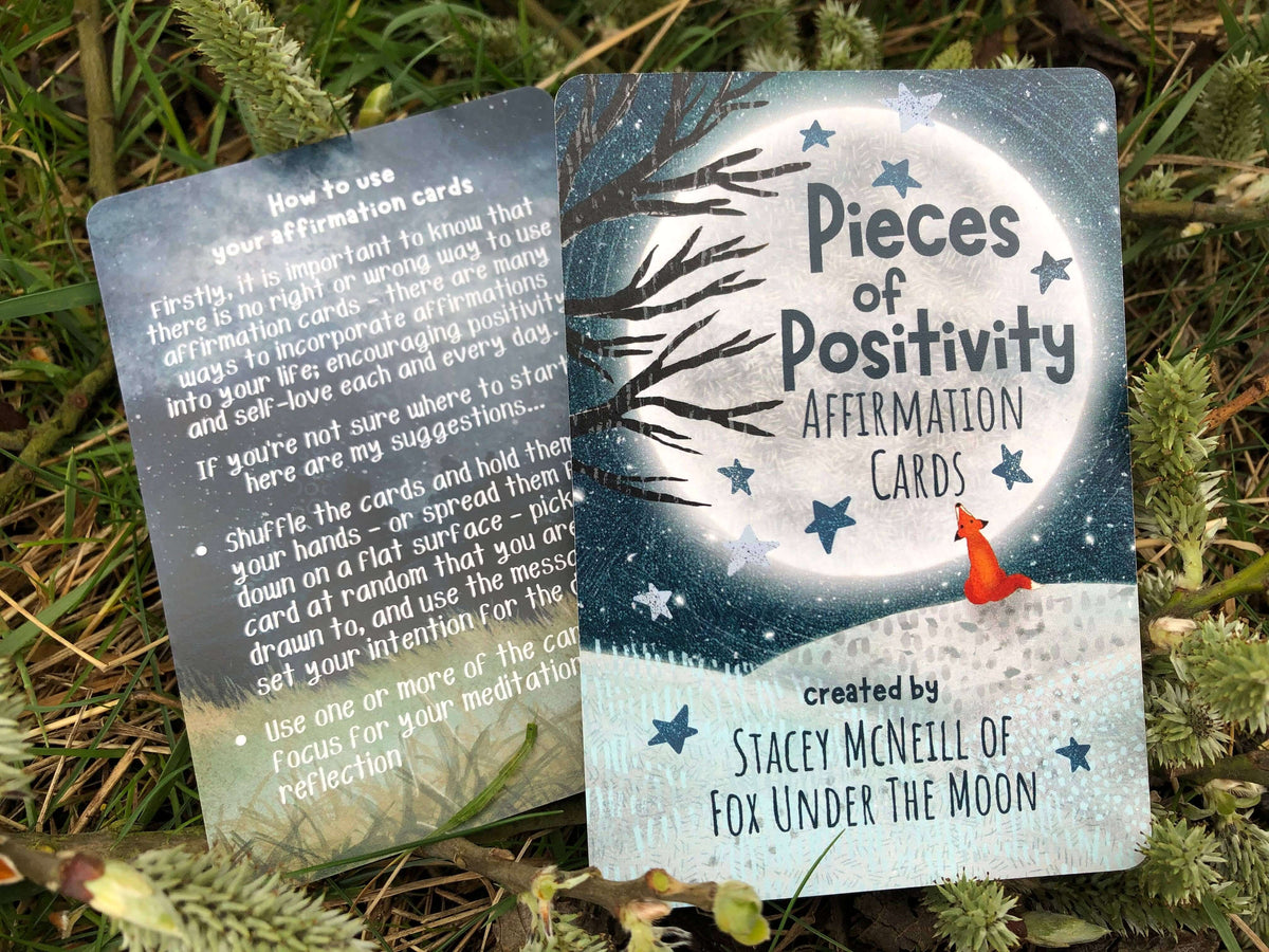 Positive Affirmation Cards featuring artwork and instructions, created by Stacey McNeill of Fox Under The Moon.