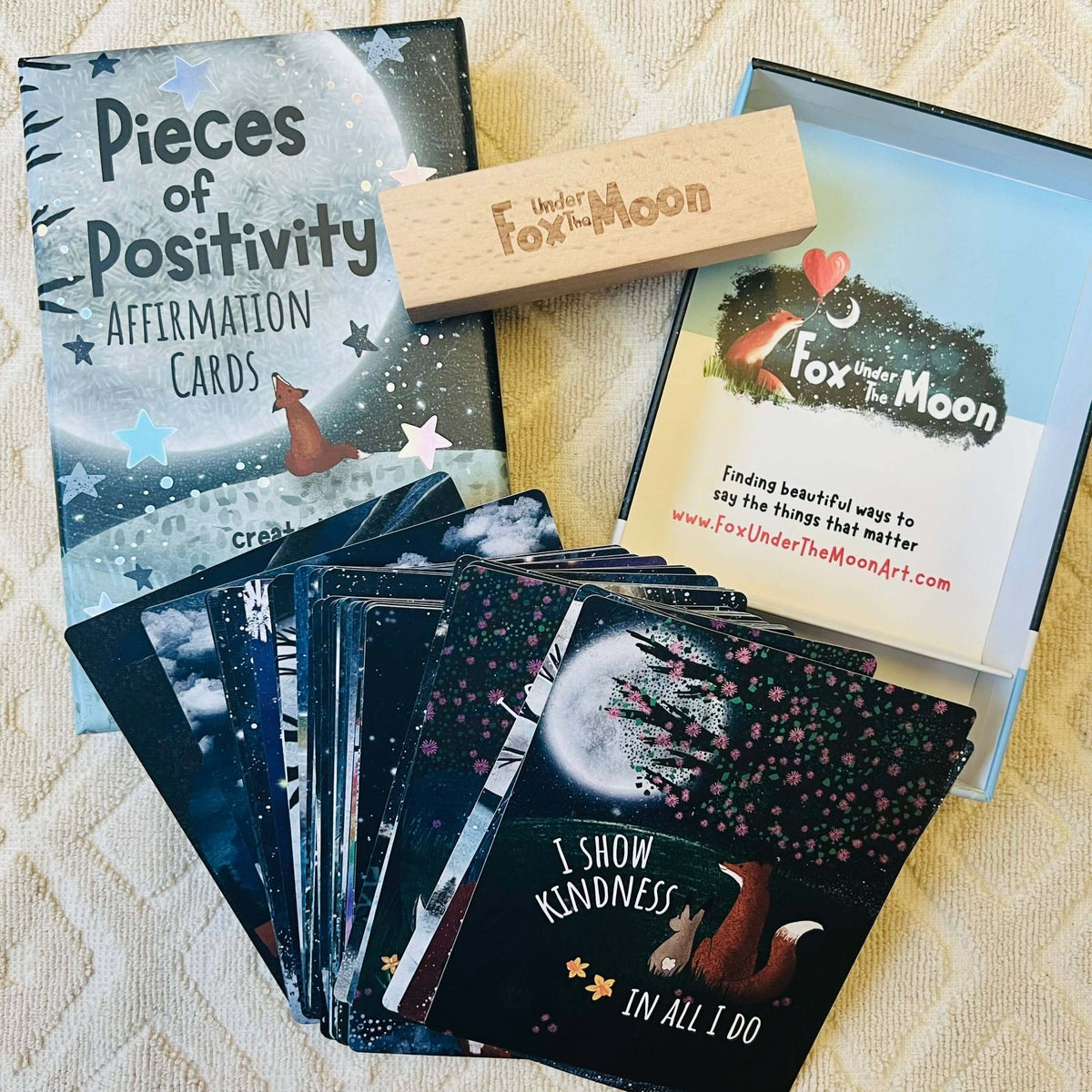 Positive Affirmation Cards set with wooden stand, featuring uplifting messages and beautiful artwork from Fox Under The Moon.
