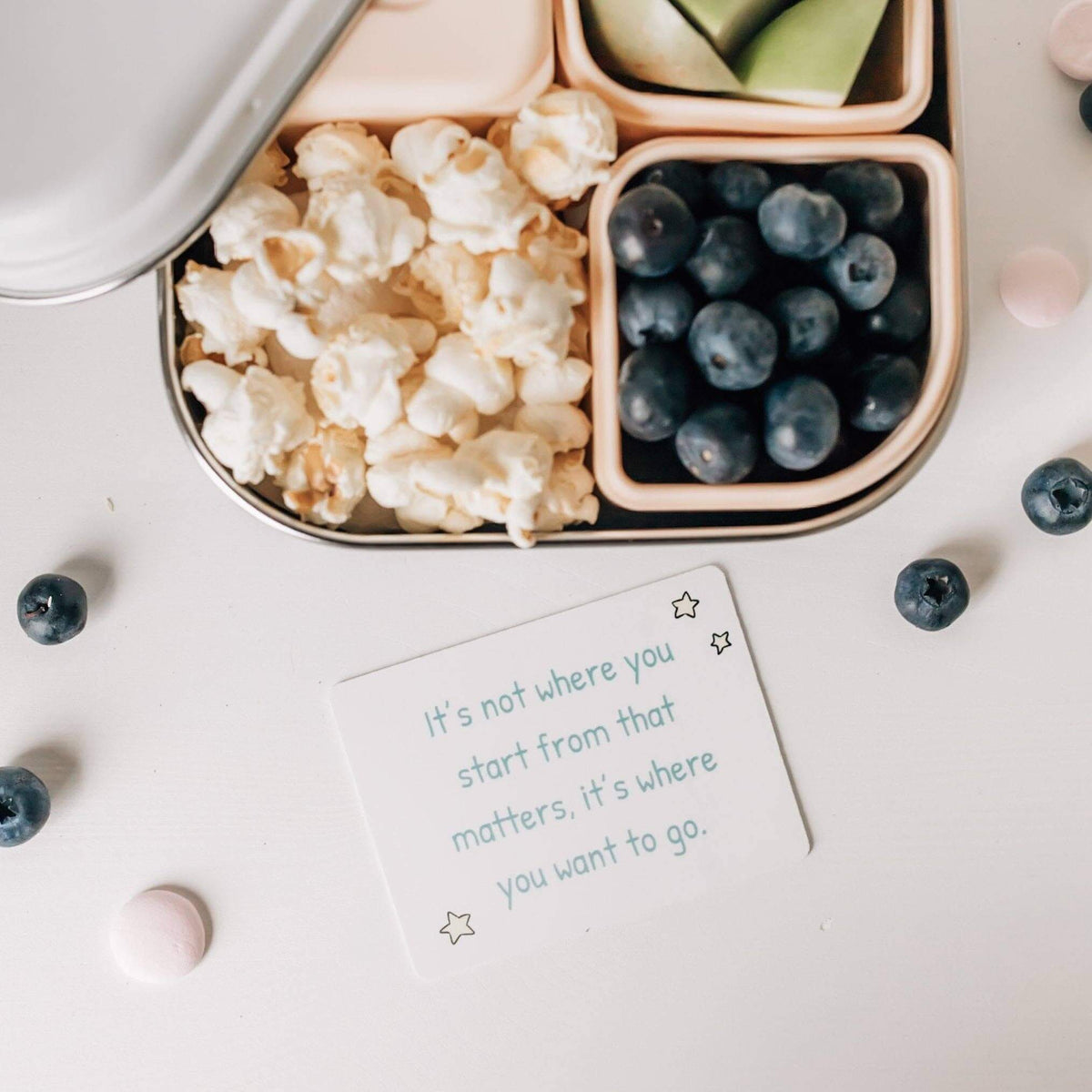 Love Notes - Mindful and Co Kids affirmation card with popcorn and blueberries in a lunchbox.