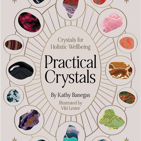 Book cover of 'Practical Crystals' with illustrations of crystals and text.