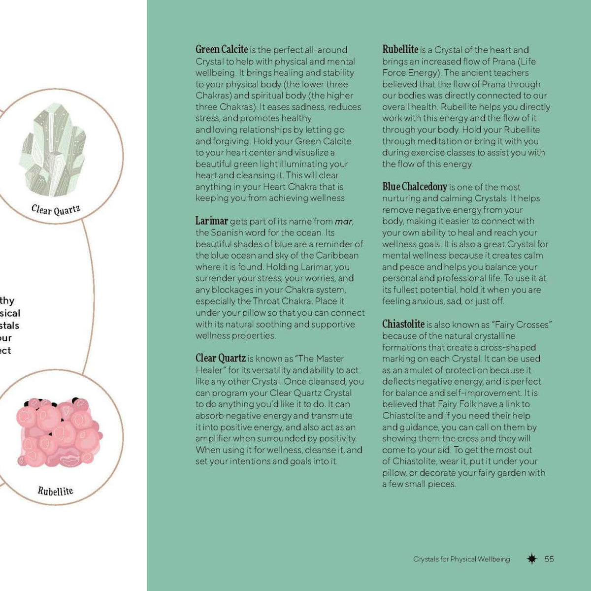 Page from a book or magazine about crystals for wellness with images and text.