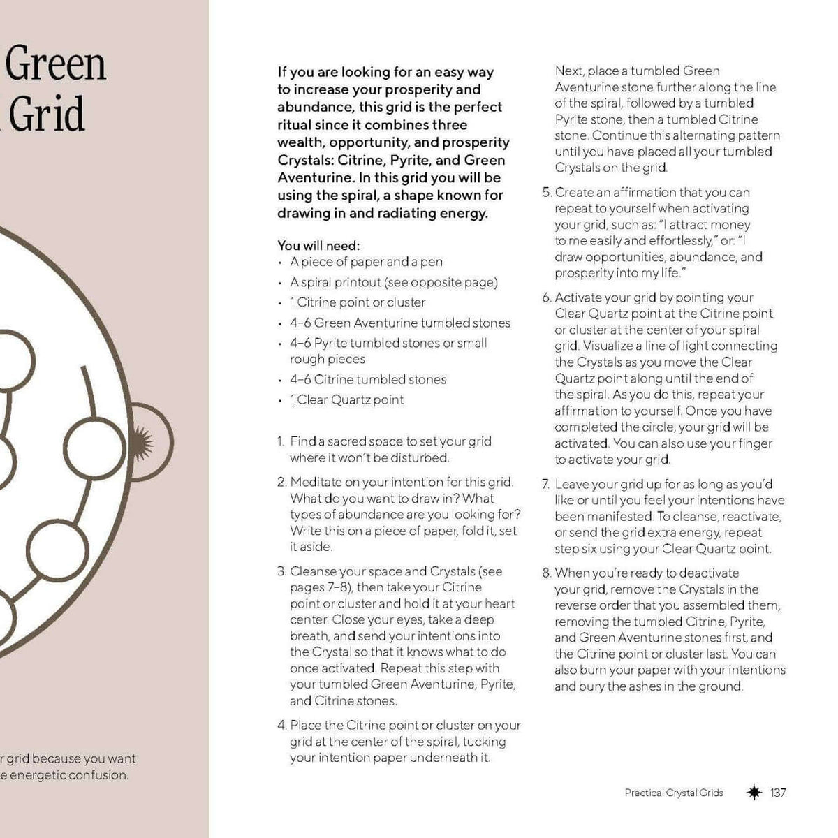 Illustration of a spiral grid with text on how to create it using citrine, pyrite, and green aventurine.