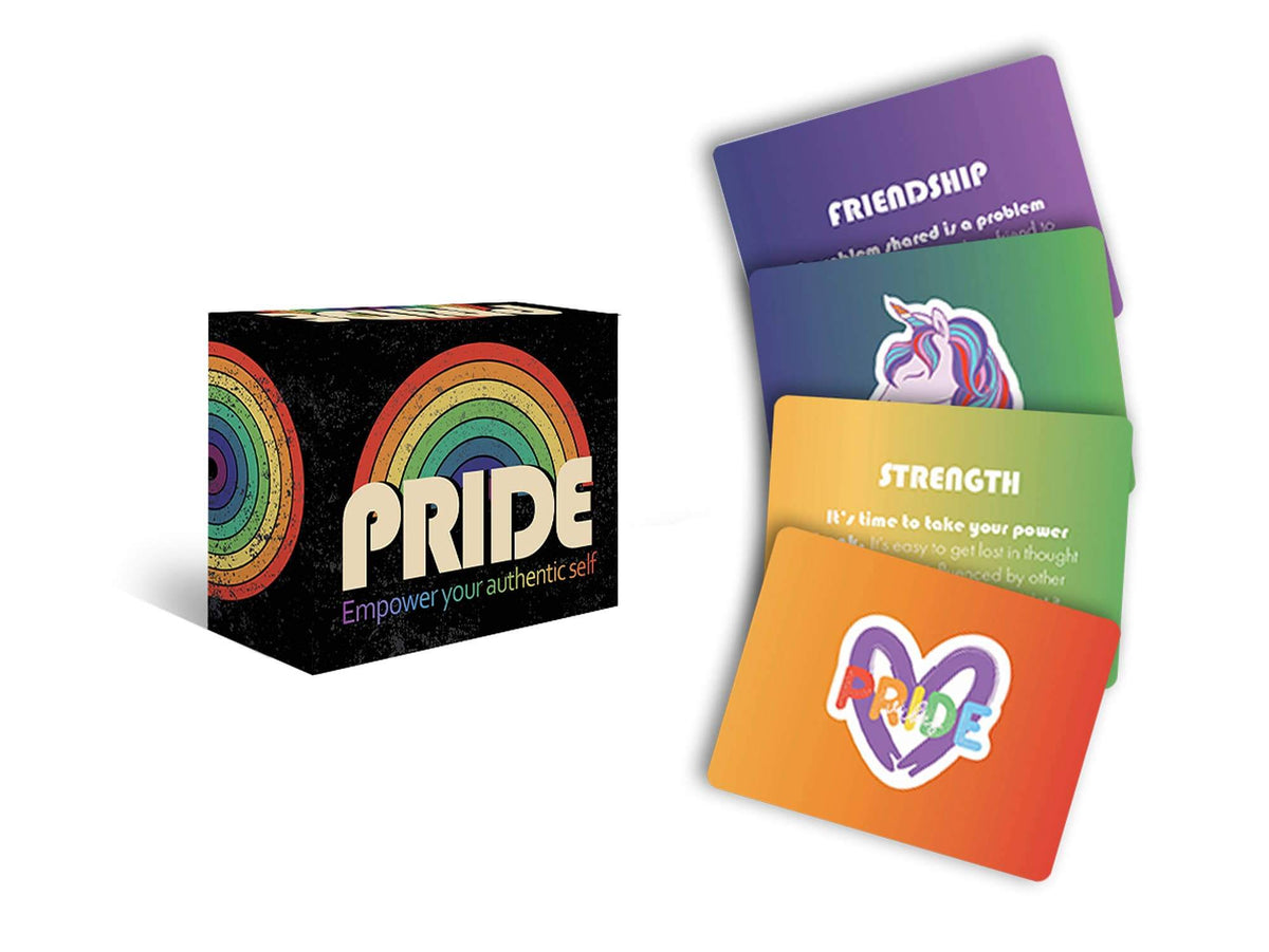 Set of colorful cards with rainbow design and 'Pride' branding on a white background