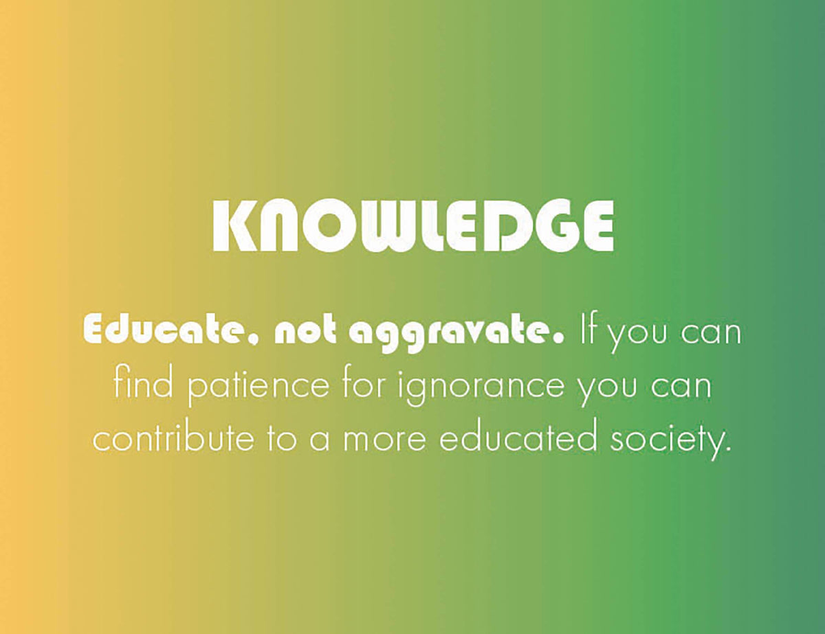 Gradient background with 'KNOWLEDGE' text and motivational quote on a green and orange gradient.