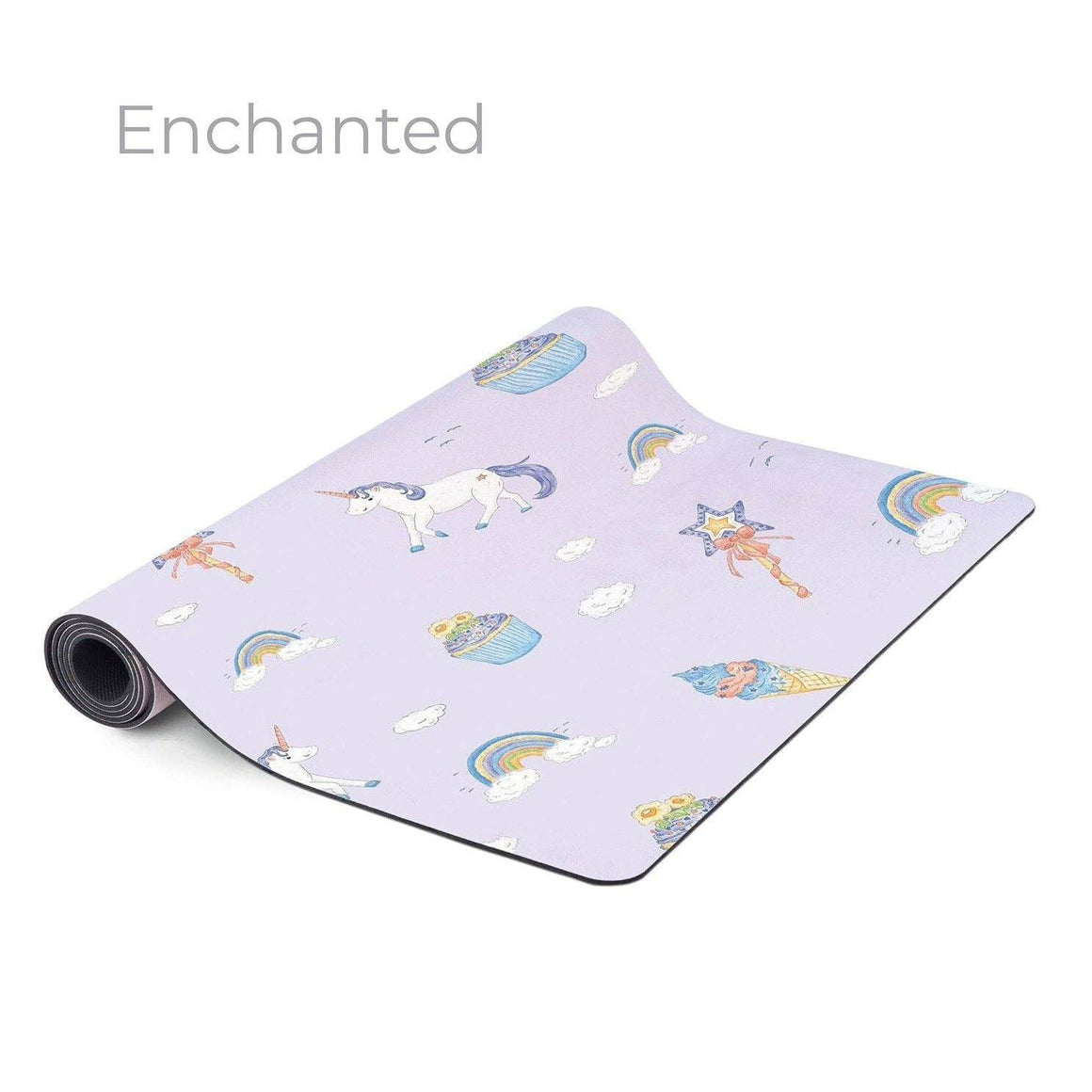 Yoga mat with unicorn and rainbow designs on a white background