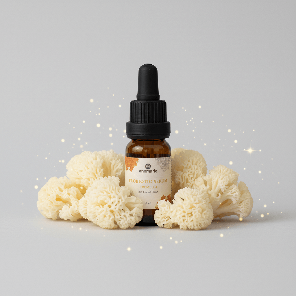 Bottle of skincare serum with a dropper on a light gray background with white flowers.