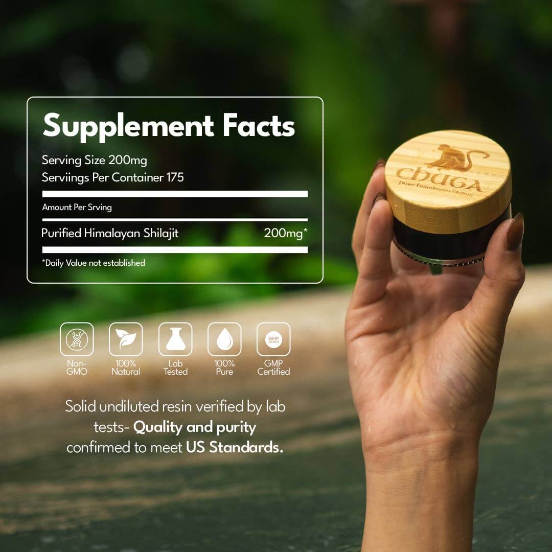 Supplement facts for Pure Himalayan Shilajit Resin packaging showcasing purity and quality standards.