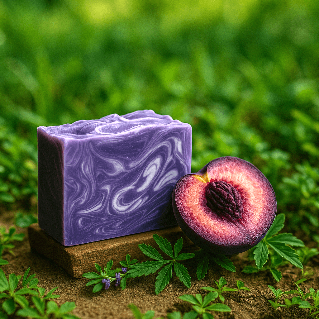 Purple Peach Soap Bar - Soap Boutique with vibrant purple swirls next to a sliced purple peach on green grass.