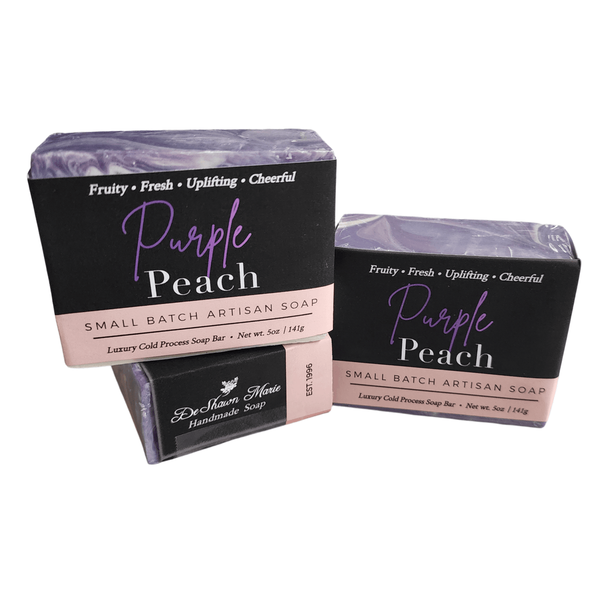 Purple Peach Soap Bar - Soap Boutique packaging showcasing luxury artisan soap in vibrant colors.