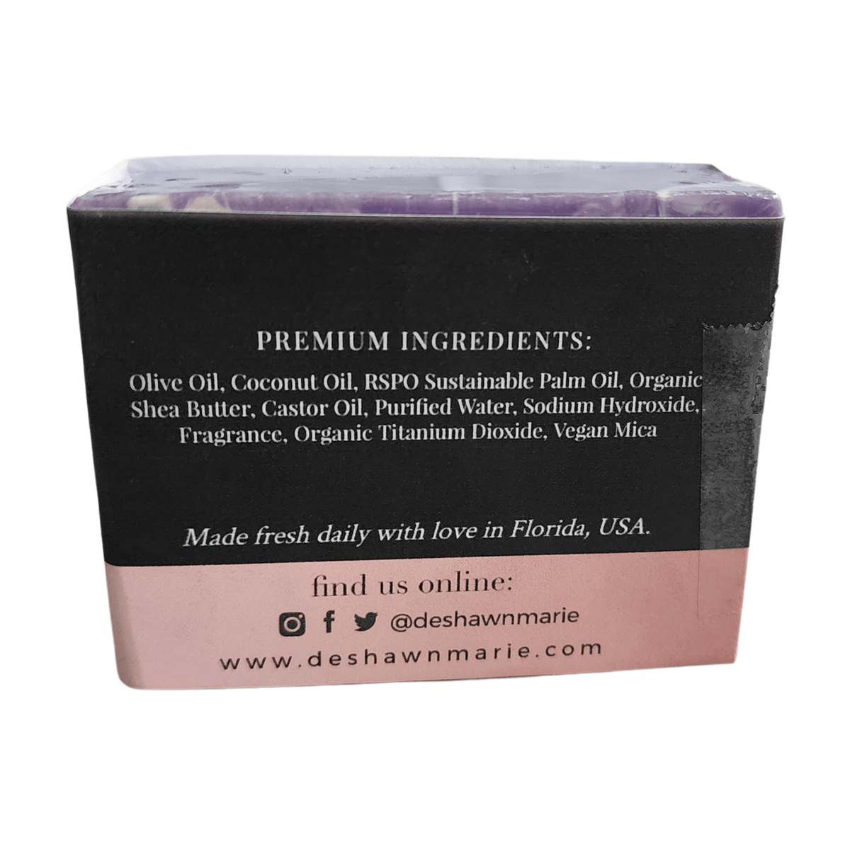 Purple Peach Soap Bar - Soap Boutique ingredient list showcasing premium oils and butters in handcrafted soap.