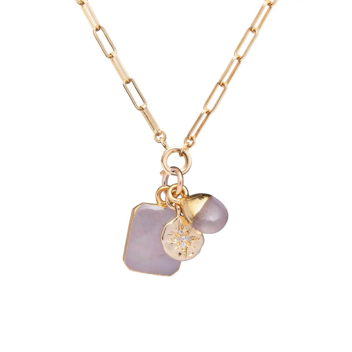 Rose Quartz Gem Slice Triple Chunky Chain Necklace Star Coin - Love (Gold Plated)