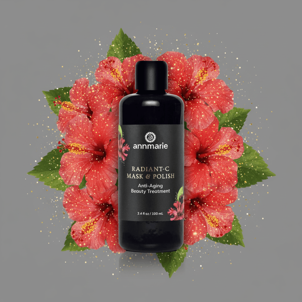 Black bottle of 'Radiant-C Mask & Polish' surrounded by pink flowers on a gray background