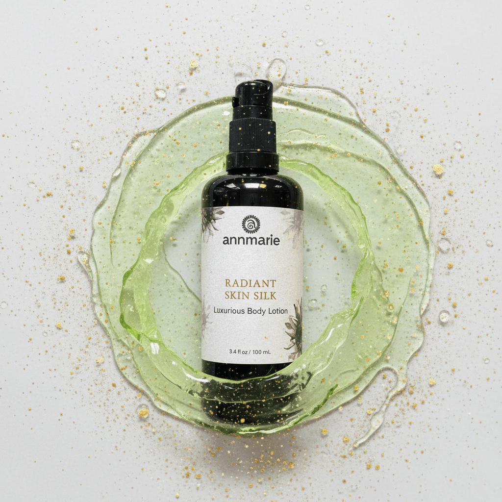Bottle of Annmarie Radiant Skin Silk Lotion on a textured surface with green liquid.