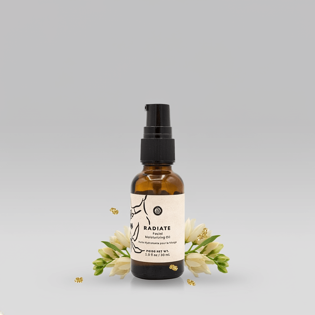Brown spray bottle with a label on a gray background