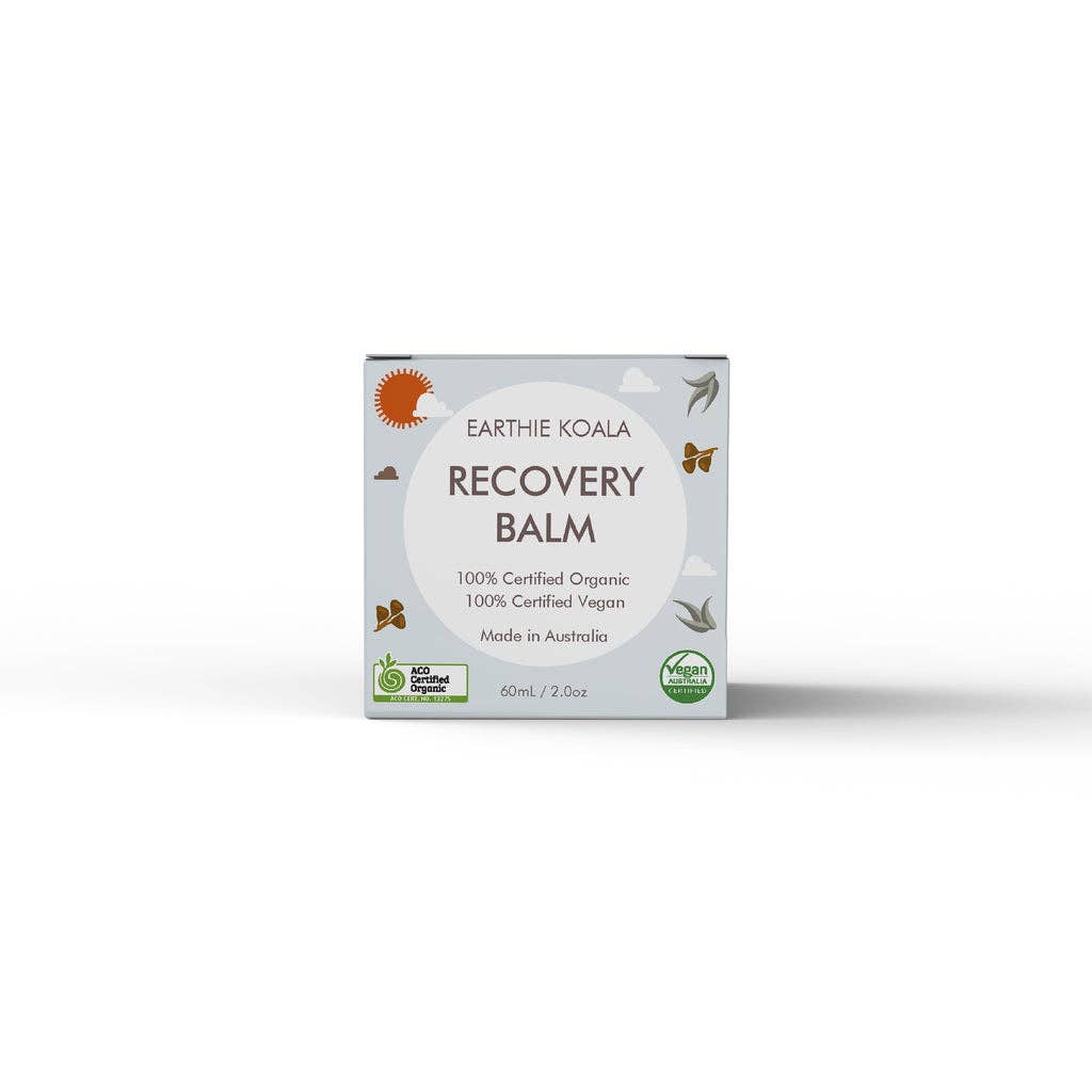 Recovery Balm 60ml - Earthie Koala packaging featuring organic and vegan certifications.