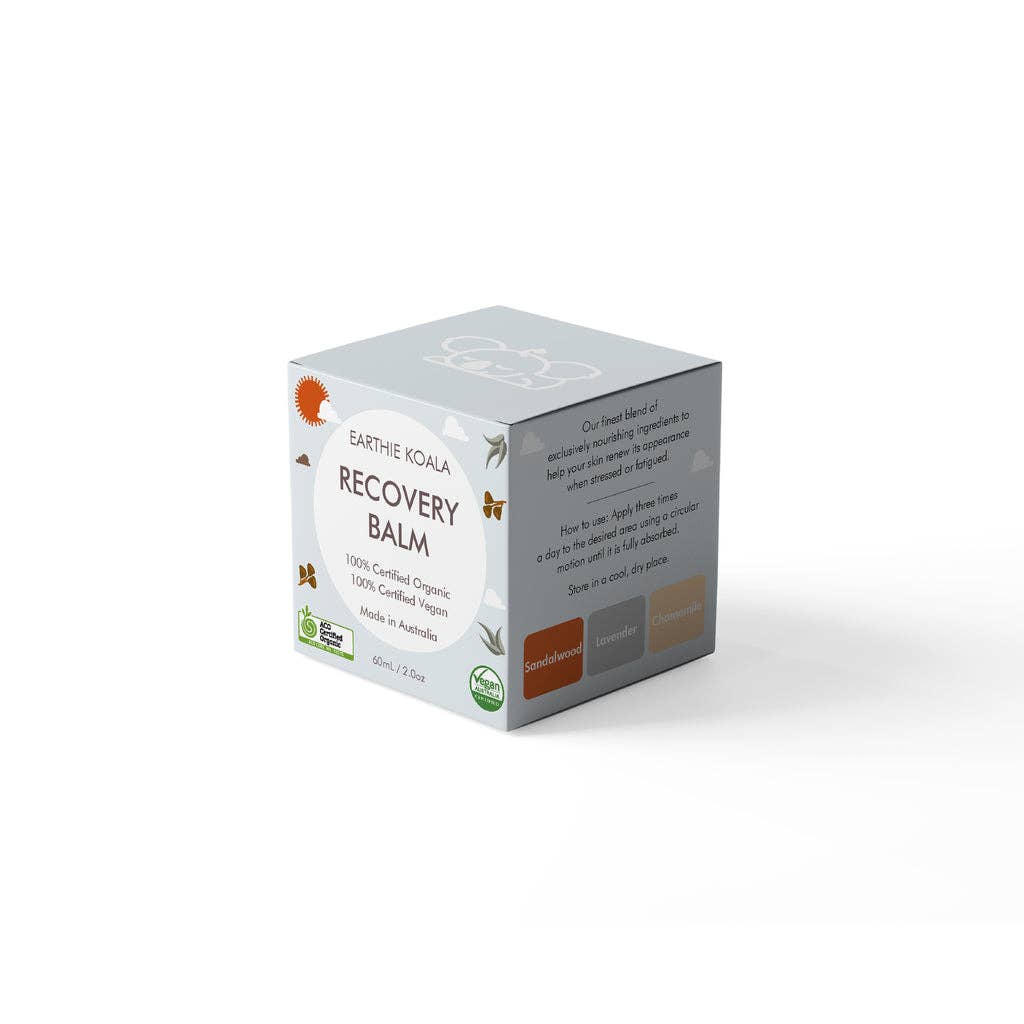Recovery Balm 60ml - Earthie Koala packaging showing organic ingredients and soothing benefits.