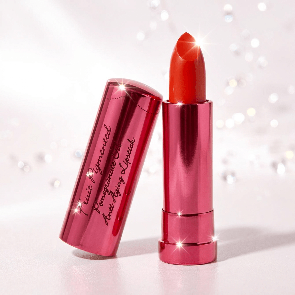 Red lipstick with a shiny pink case on a white background