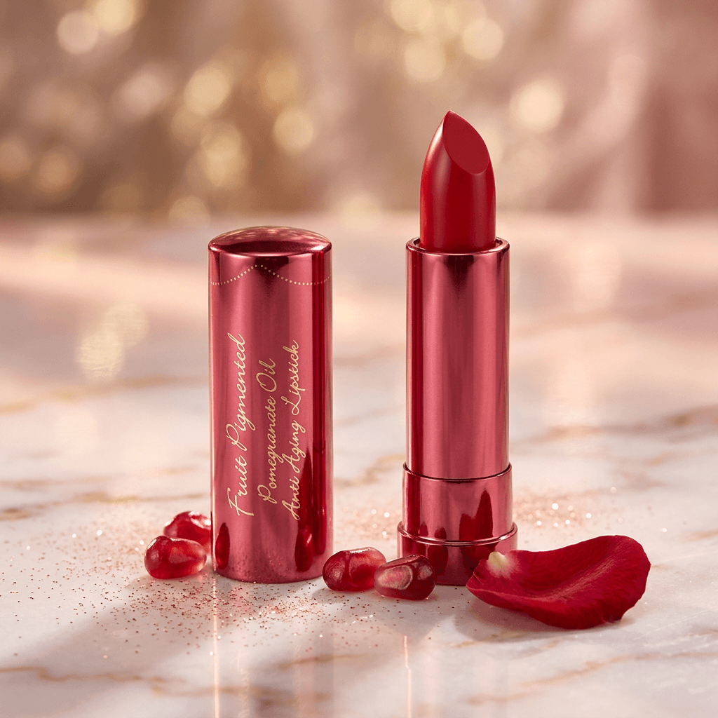 Red lipstick with packaging on a marble surface with rose petals