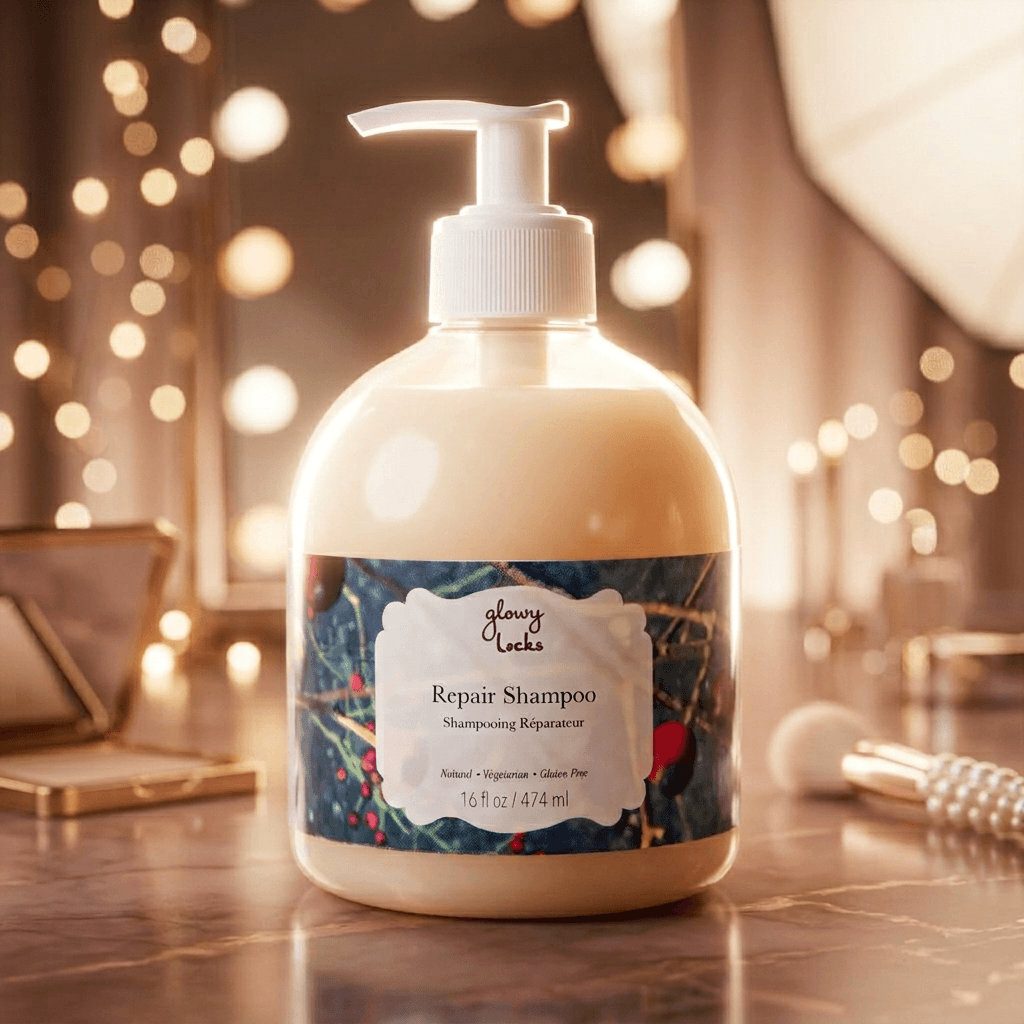 Repair Shampoo bottle with decorative label on a blurred bathroom background
