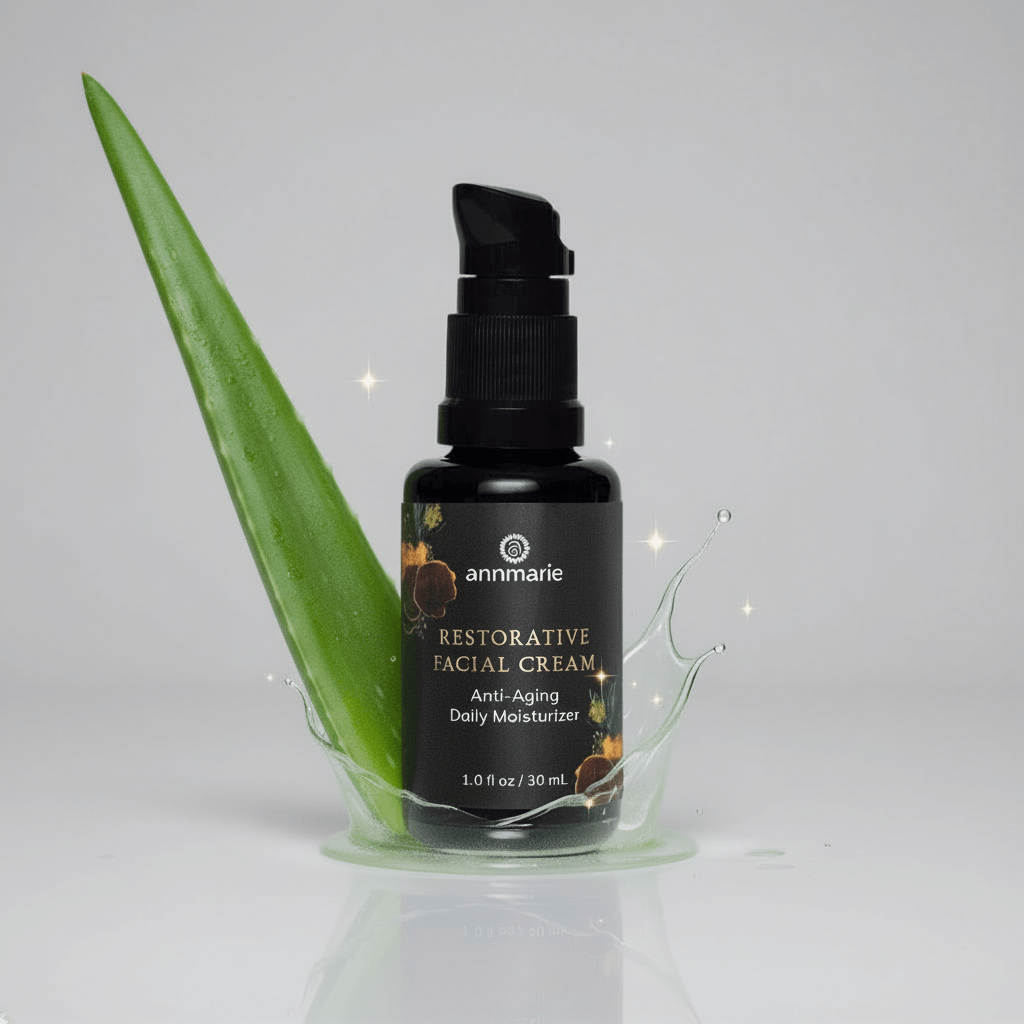 Bottle of Annmarie Restorative Facial Cream with aloe vera leaf on a gray background